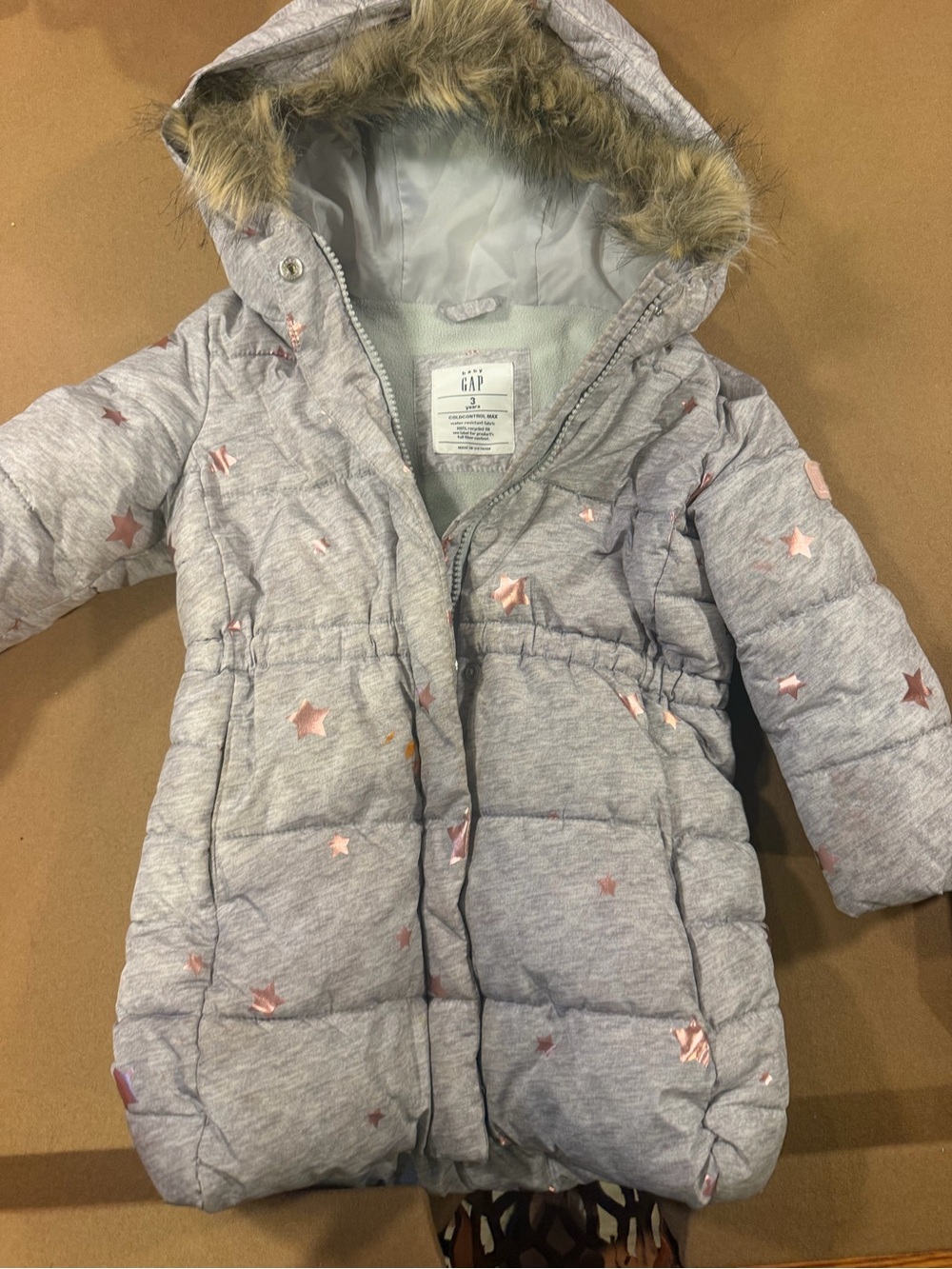 GAP Light Gray Puffer Coat with Rose Gold Star Detail